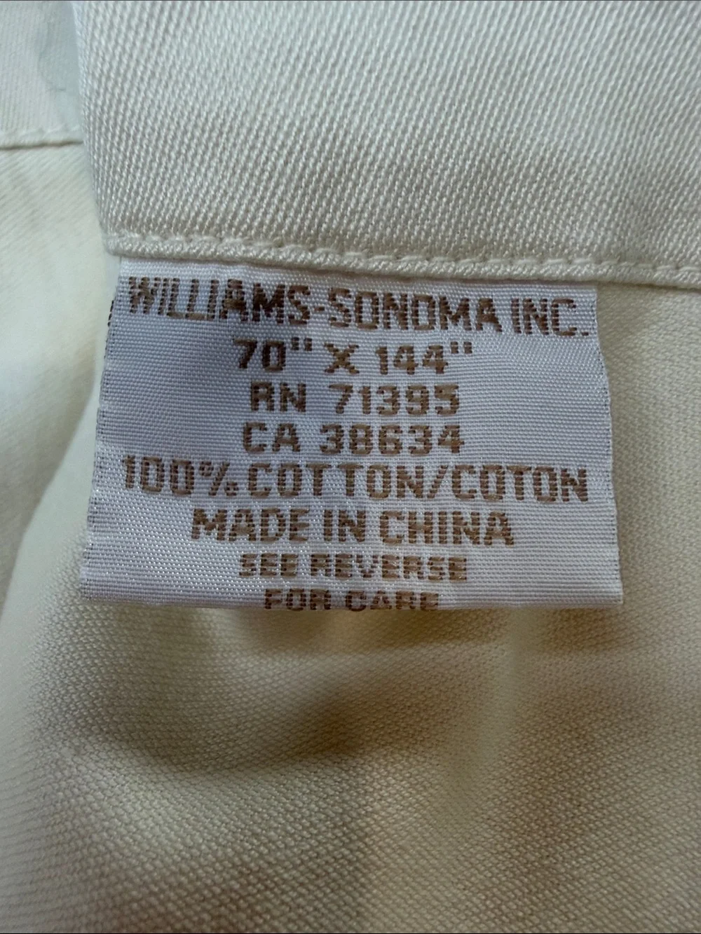 Williams Sonoma Ivory Cotton Tablecloth 70 x 144 Extra Long